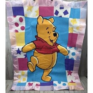 New Vintage Disney Winnie The Pooh Baby Crib Blanket Pink Satin Trim Bright USA